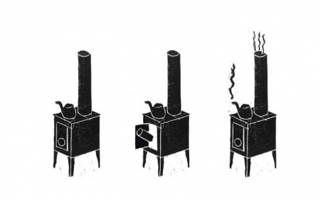 Finn Thybo Andersen: At save brænde og at fyre. Fortsættelse følger. Still fra  animationsfilm baseret på  træsnit. (1995-2008)